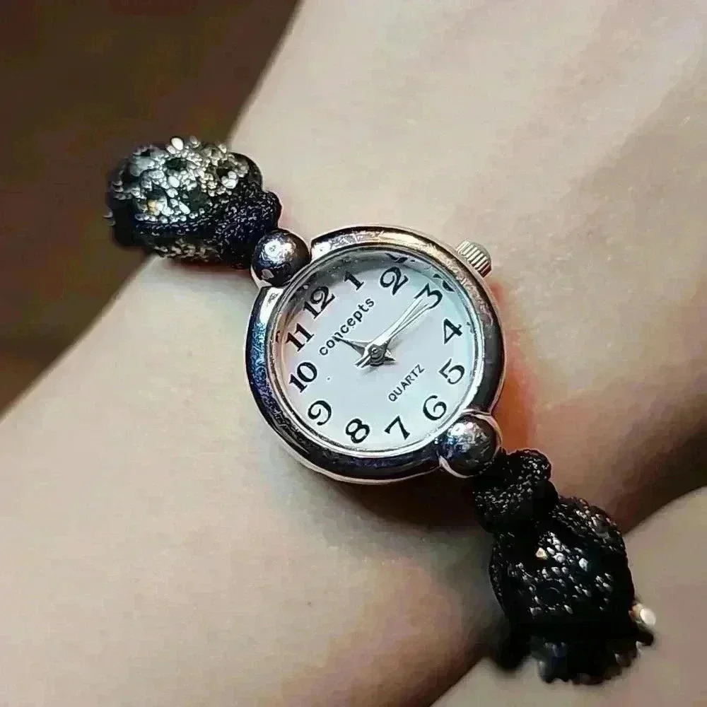 Concepts Adjustable Bead and Gem Knotted Bracelet Watch in Silver and Black